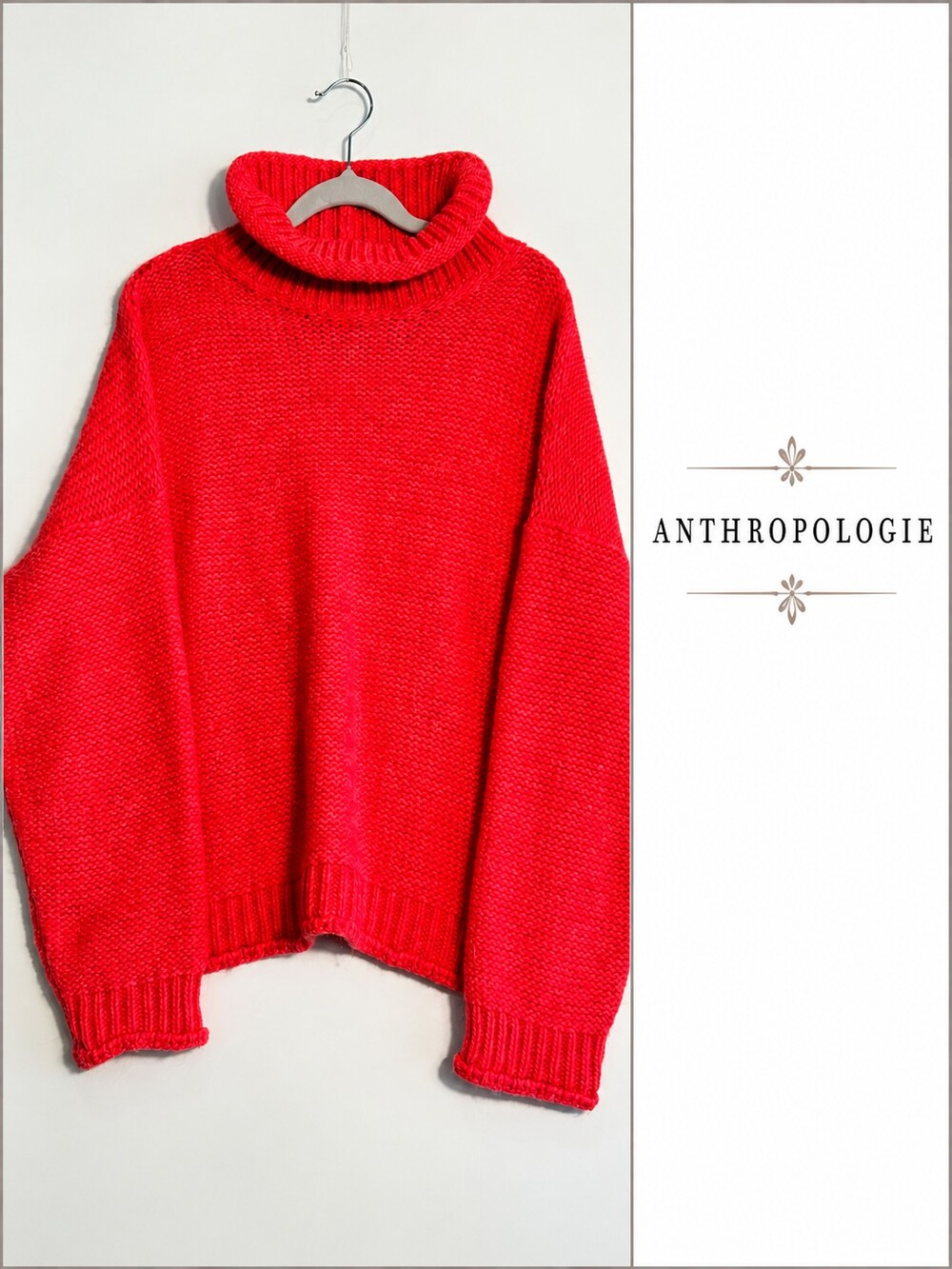 Anthropologie Made in Italy Oversized Wool Alpaca Turtleneck Sweater M Coral Red